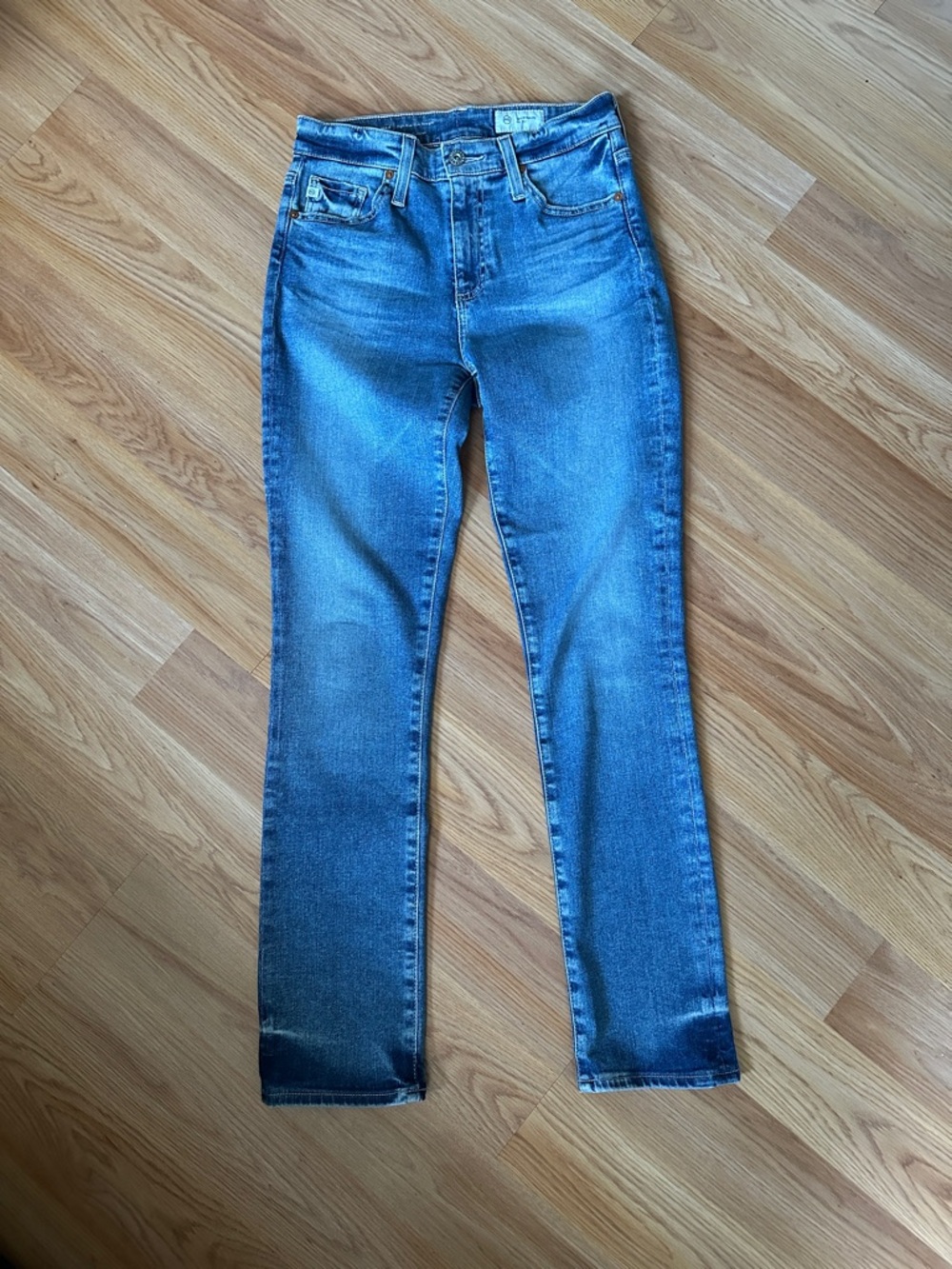 AG High-Rise Slim Straight-Leg Mid-Blue Jeans 26